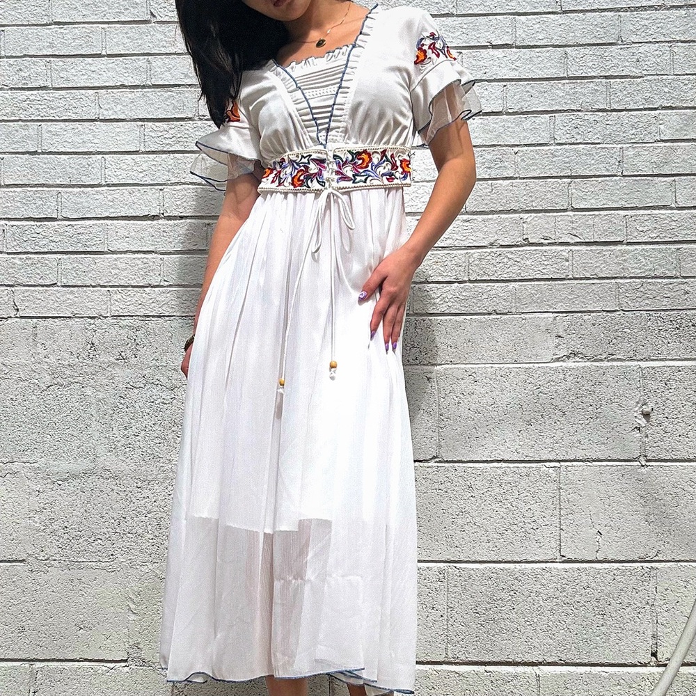 Boho Embroidered Midi Dress Sheer Overlay Floral Waist